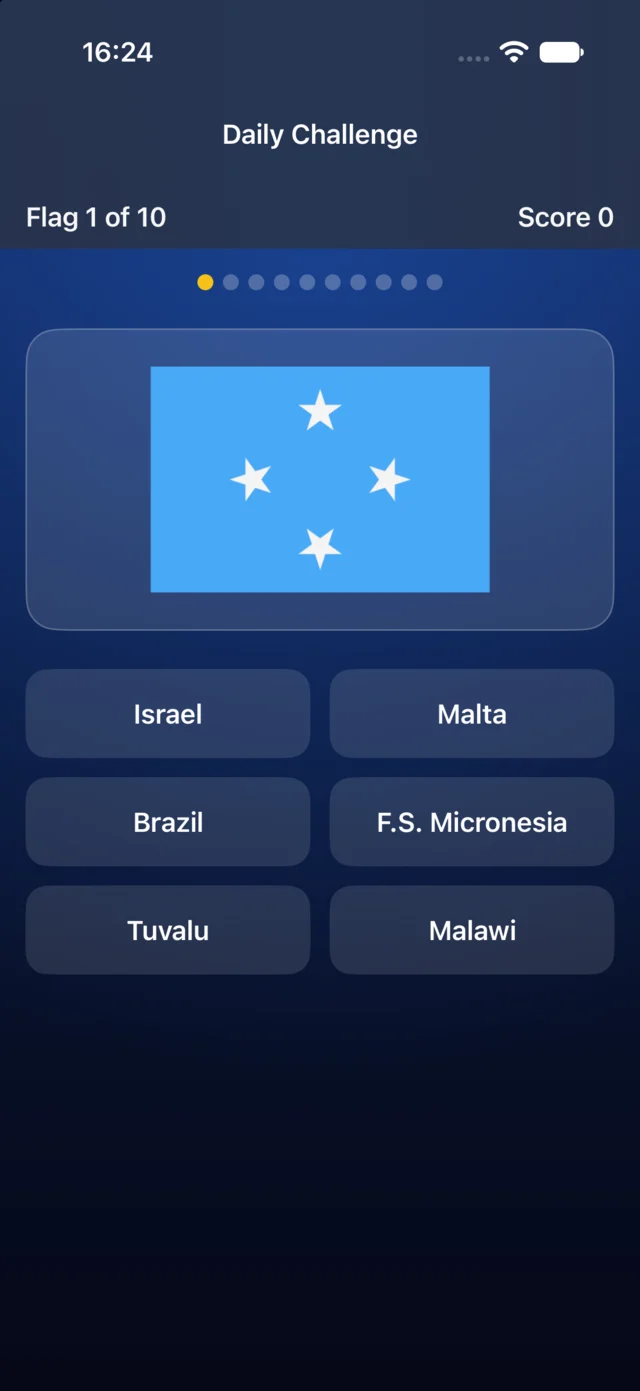 Daily Challenge screen with progress dots and answer choices