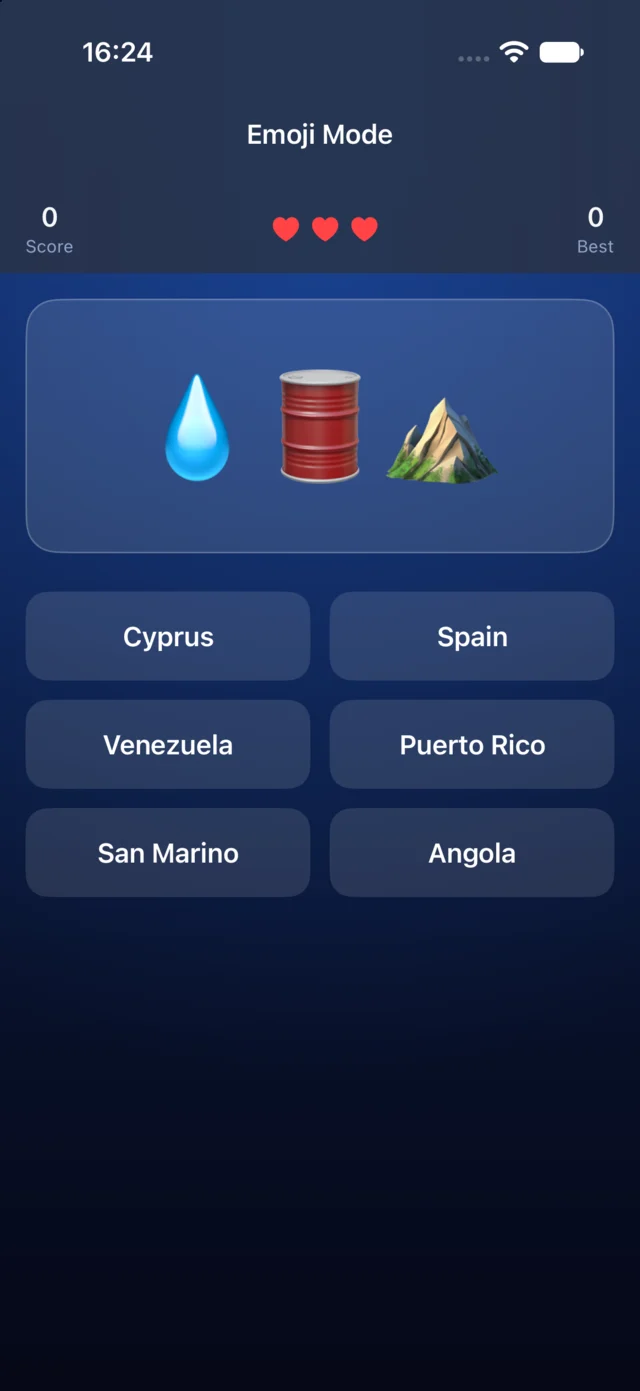 Emoji Mode screen showing emoji clues and country choices