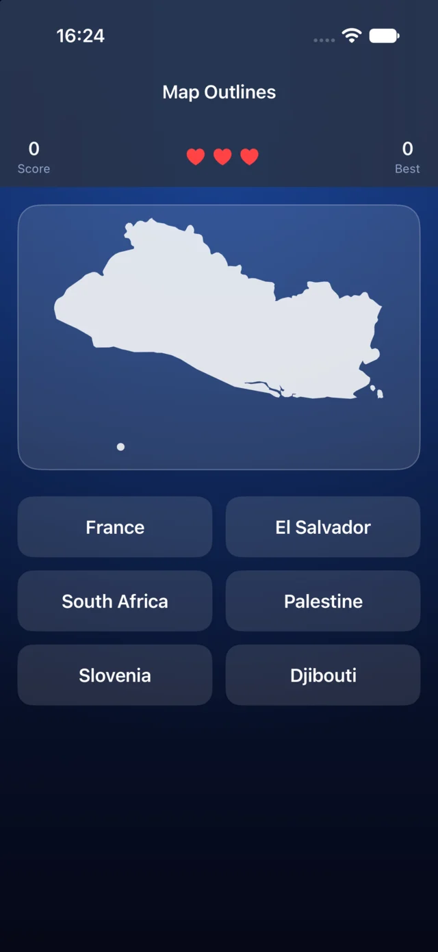 Map Outlines screen showing a country silhouette to identify
